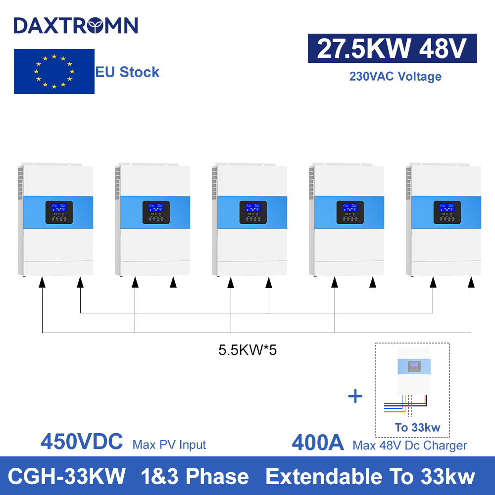 Parallel 6.5KVA solar inverter MPPT 80A AC 220V DC 48VDC 500VDC PV input 5000W Pure Sine Wave hybrid inverter 5.5KW 5 units can be 3 phase 27.5kw