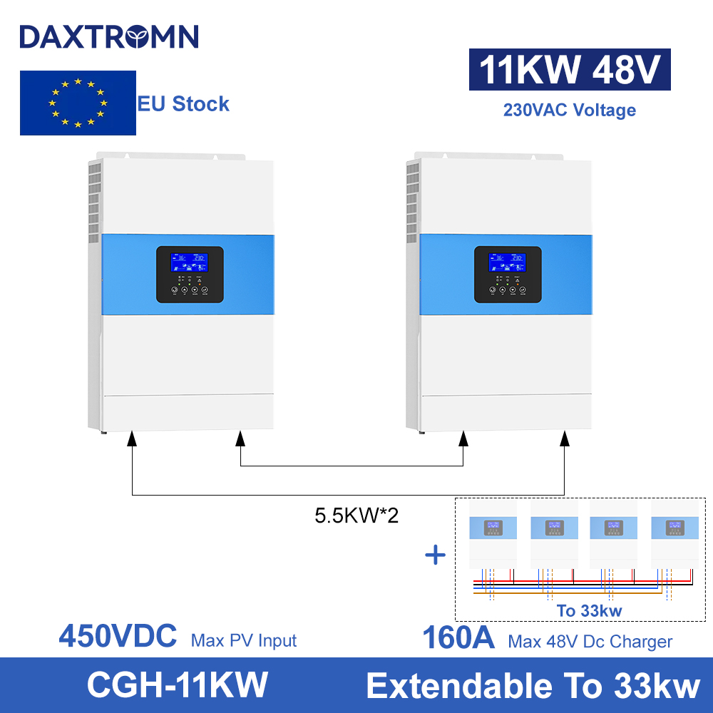 Parallel 6.5KVA solar inverter MPPT 80A AC 220V DC 48VDC 500VDC PV input 5000W Pure Sine Wave hybrid inverter 5.5KW 2 units can be 3 phase 11kw
