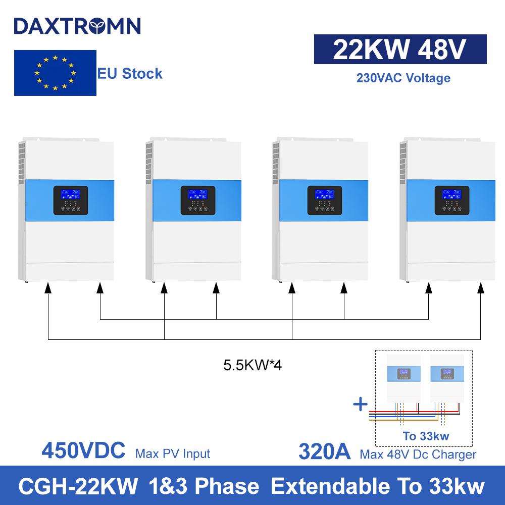 Parallel 6.5KVA solar inverter MPPT 80A AC 220V DC 48VDC 500VDC PV input 5000W Pure Sine Wave hybrid inverter 5.5KW 4 units can be 3 phase 22kw