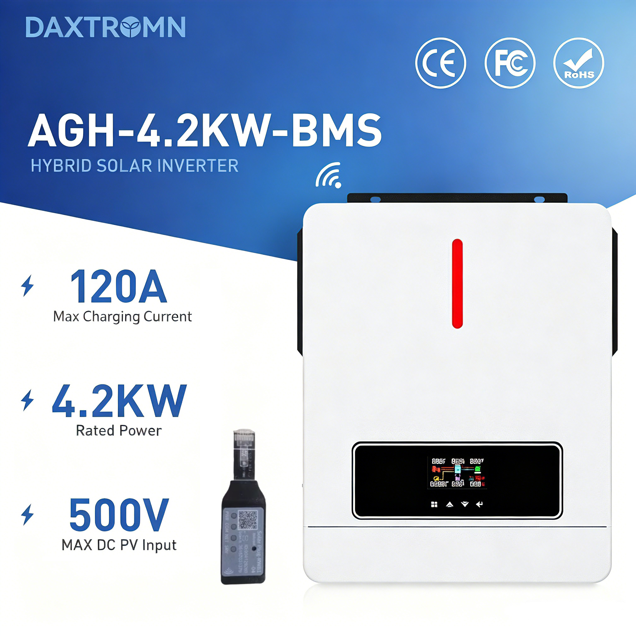 Upgraded Daxtromn Power Mppt 4.2KW Hybrid Solar Inverter 24VDC Batteryless working PV input 90-450V Grid Tie Hybrid Solar Inverter 48V 220V 120-450VDC 140A MPPT Solar Controller Dual Ouput Photovoltaic Inverter