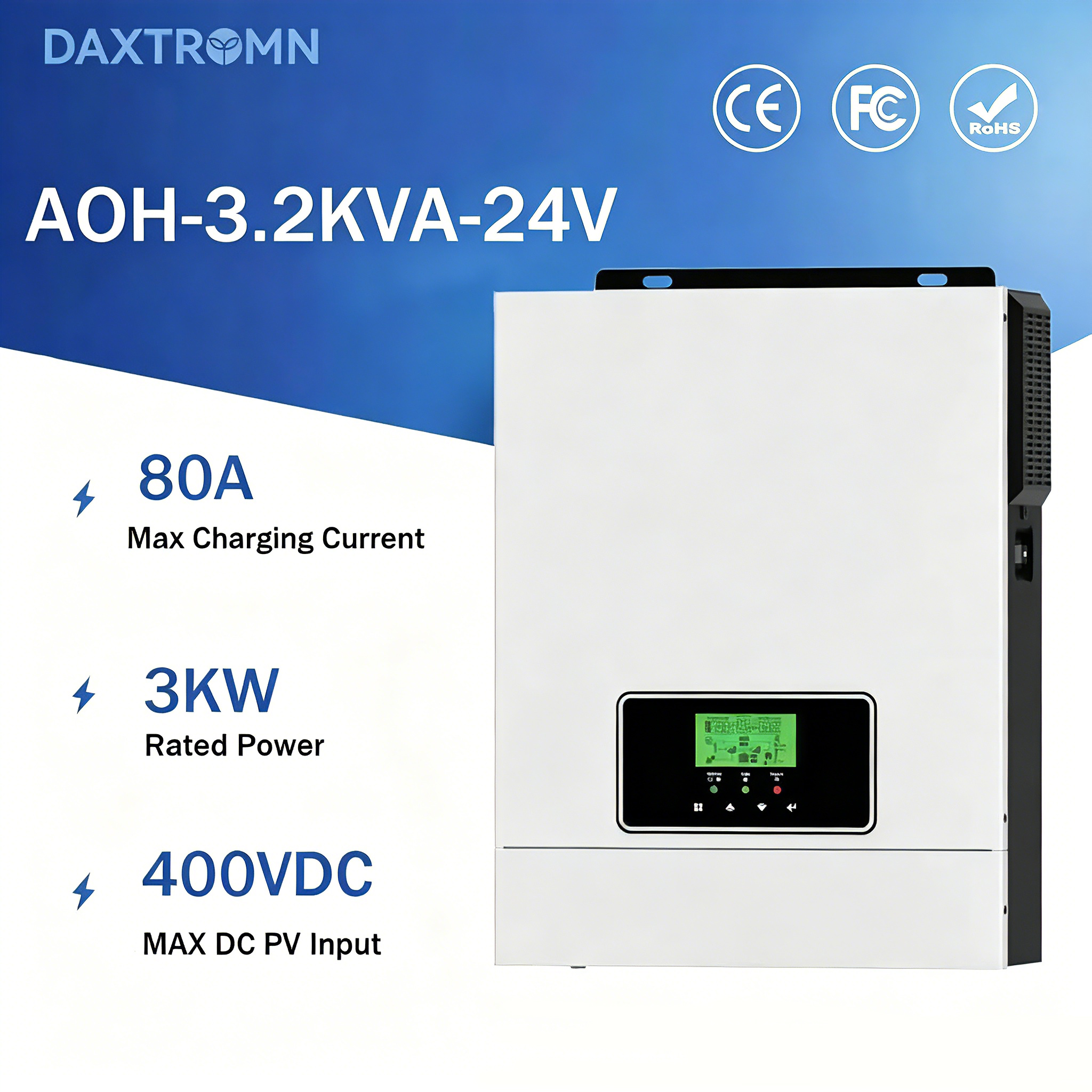 Daxtromn power 3000W 3.2kva Solar Inverter Built-in80A MPPT solar charger 24V 230VAC 50/60Hz hybrid system Solar Inverter PV input 400VDC