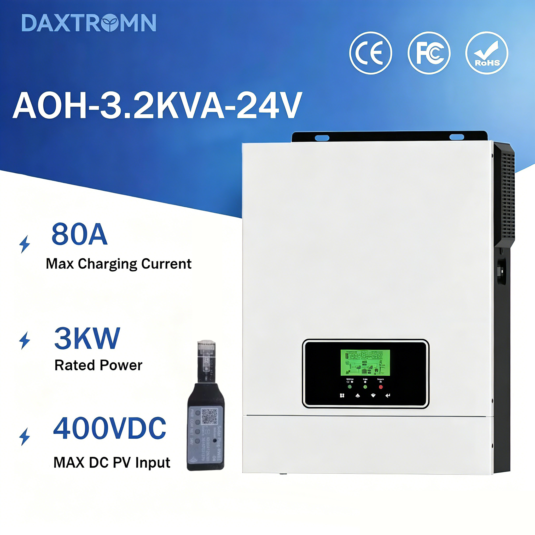 Upgraded Daxtromn power 3000W 3KW 3.2kva Solar Inverter Built-in 80A MPPT solar charger 24VDC battery 230VAC 50/60Hz hybrid system Solar Inverter PV input 60-400VDCVDC Pure Sine Wave