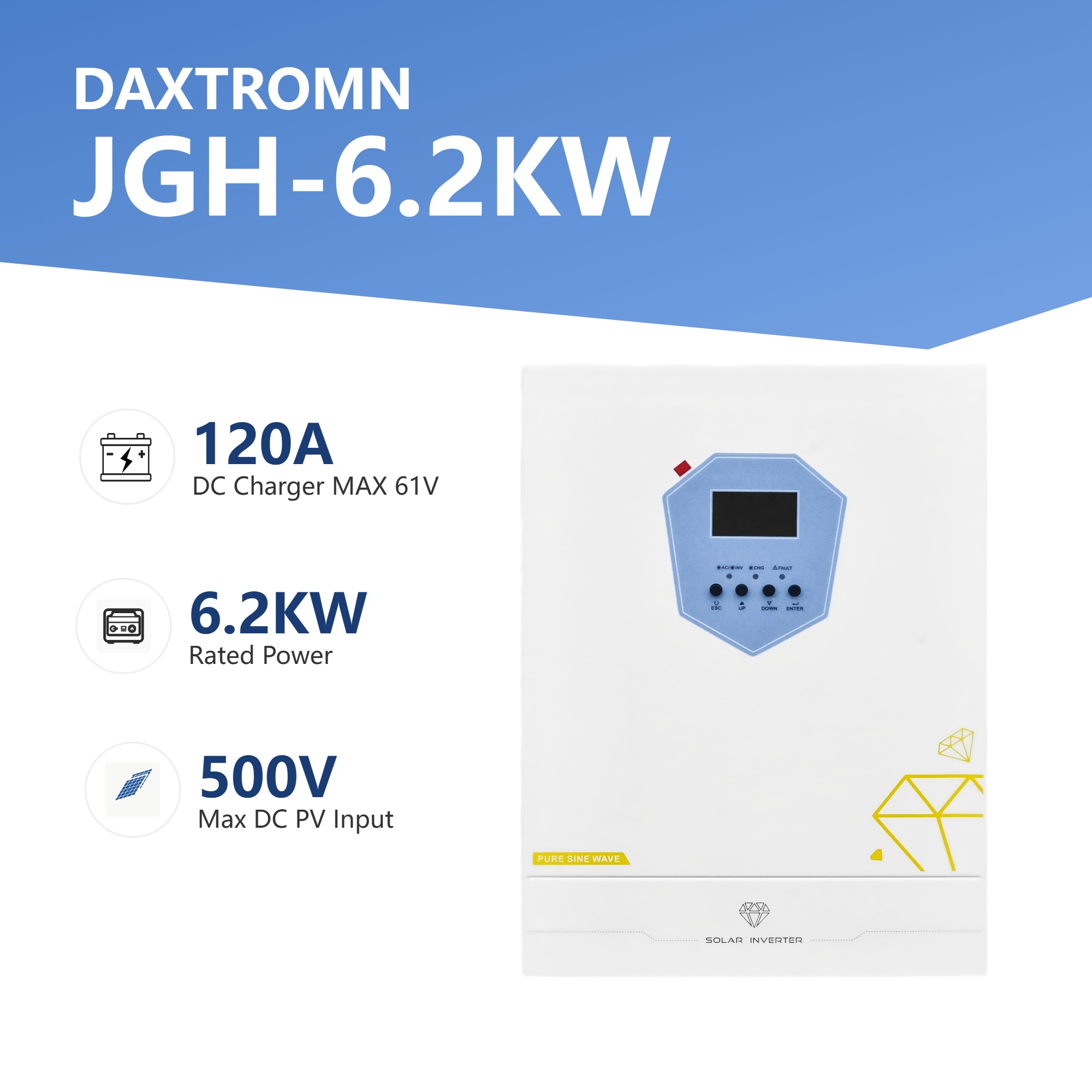  Time Setting Charing BMS Daxtromn power 6.2KW solar inverter 24VDC 48vDC hybrid mppt 6200W pure sine wave hybrid charge controller 120A off grid On Grid