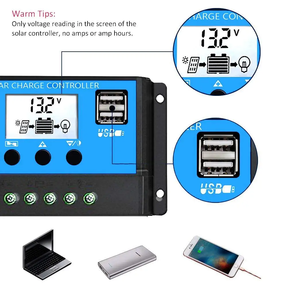 PWN Solar Panel Controller LCD Display 12V/24V 40A 50A 60A AUTO Dual USB Solar Charge Controller MPPT Battery Charge Regulator