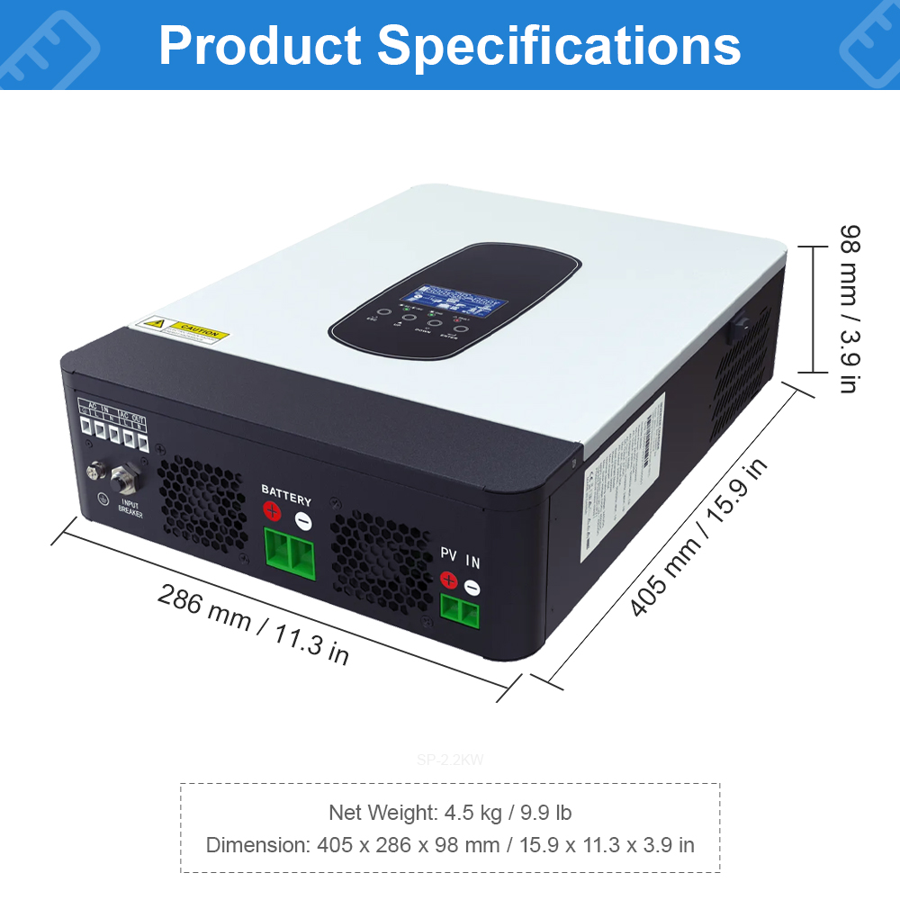 2200VA 1.8KW  Hybrid Solar Inverter 12V  230V With Max 80A MPPT Charge Controller PV Max 450VDC Pure Sine Wave Inverter