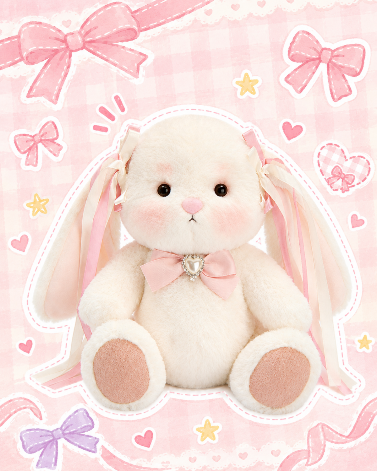 Getahug Jointed Bunny Plush With Pink Ribbon & Pearl Necklace | Handmade Stuffed Animal Gift