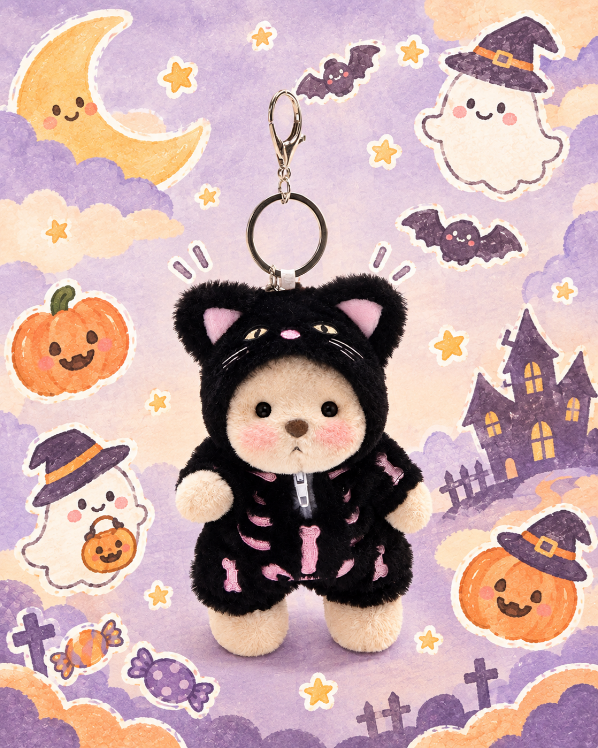 クリバン キャット ぬいぐるみリュック タグ付き 80s USA キャラ Getahug Skull Black Cat Mini Bear Keychain | 5.9 Inches Stuffed Animal