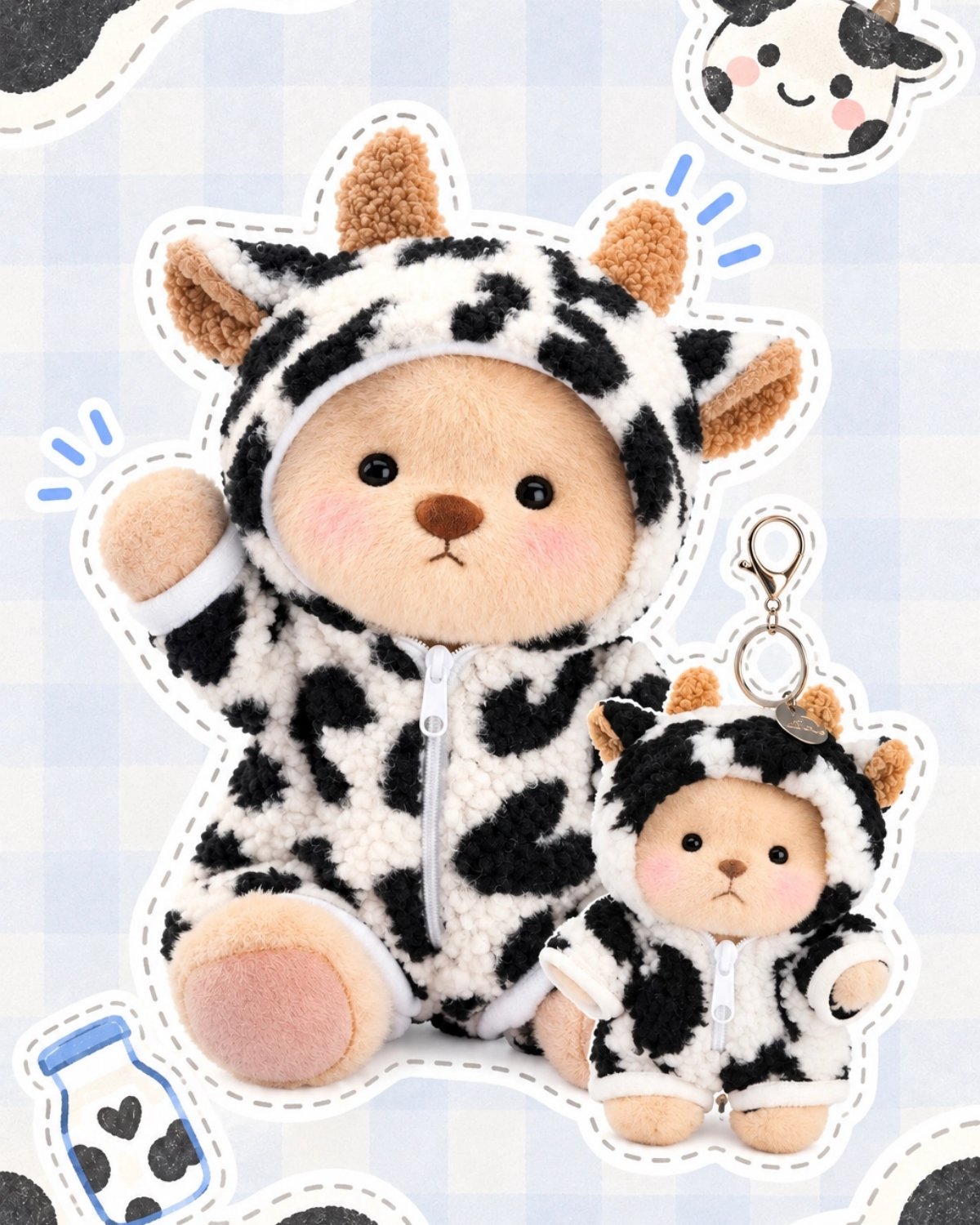 Getahug Cute Cow Brown Jointed Teddy Bear with Mini Bear Keychain Bag Charm Gift Bundle