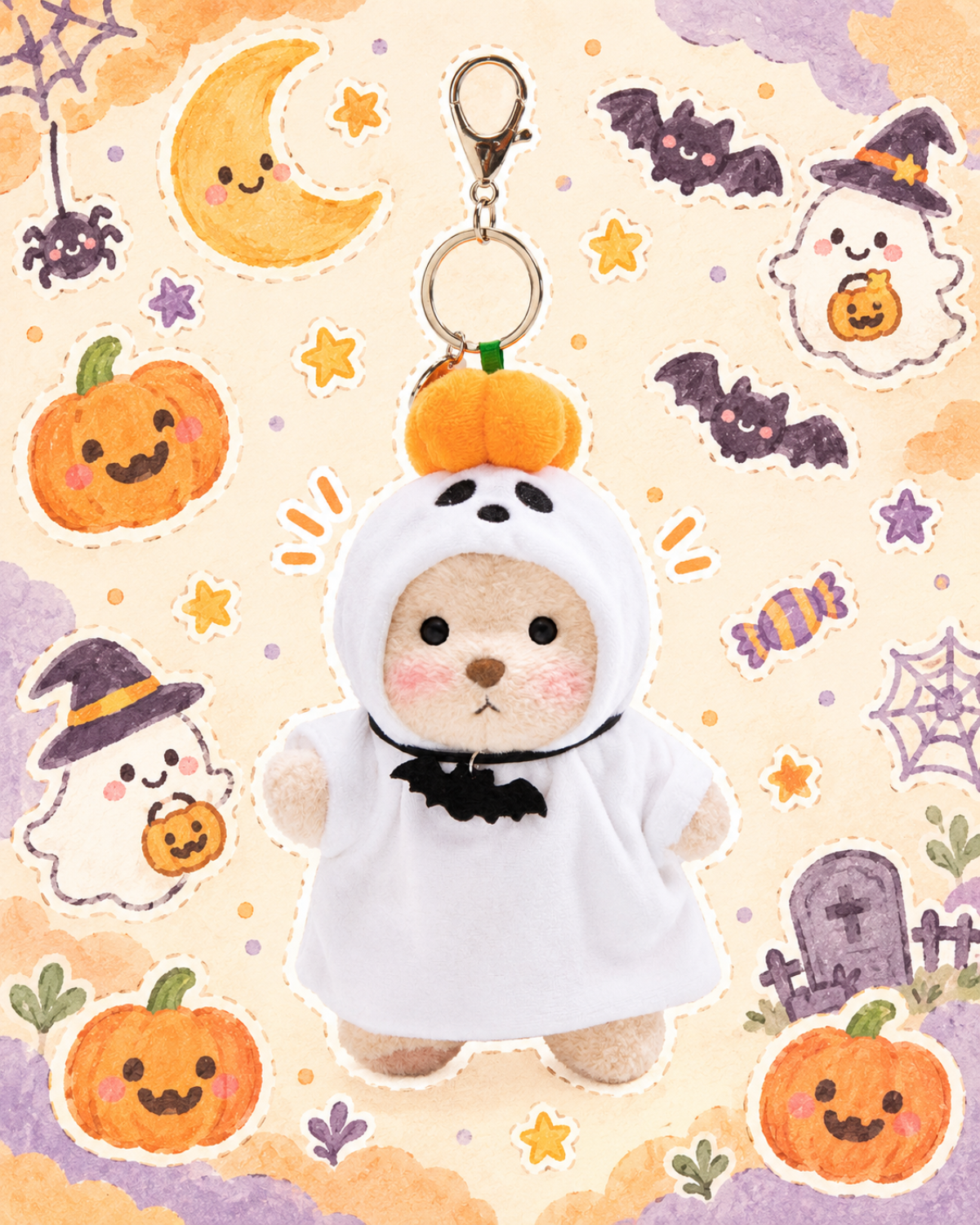 Getahug Pumpkin Ghost Mini Bear Keychain | 5.9 Inches Stuffed Animal Bag Charm Halloween Gift