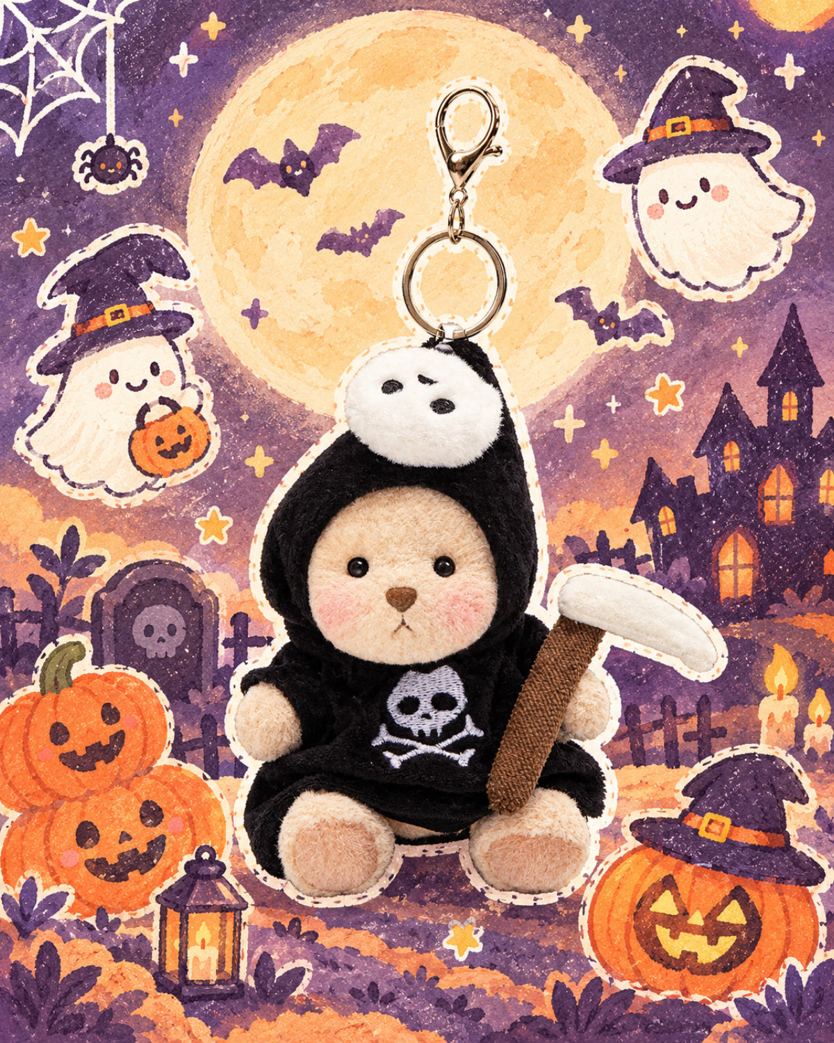 Getahug Mystic Reaper Mini Bear Keychain | 5.9 Inches Stuffed Animal Bag Charm Halloween Gift