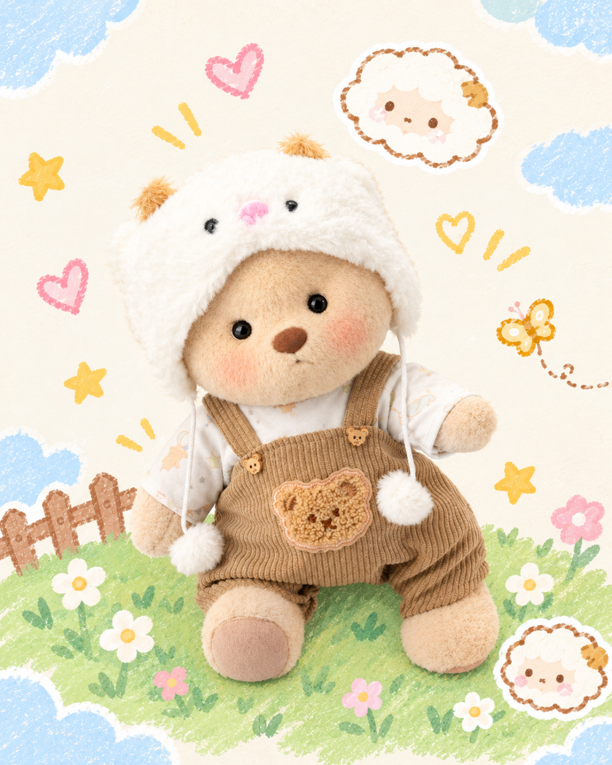 Getahug White Sheep Brown Overalls Bear | Handmade Jointed Teddy Bear Gift