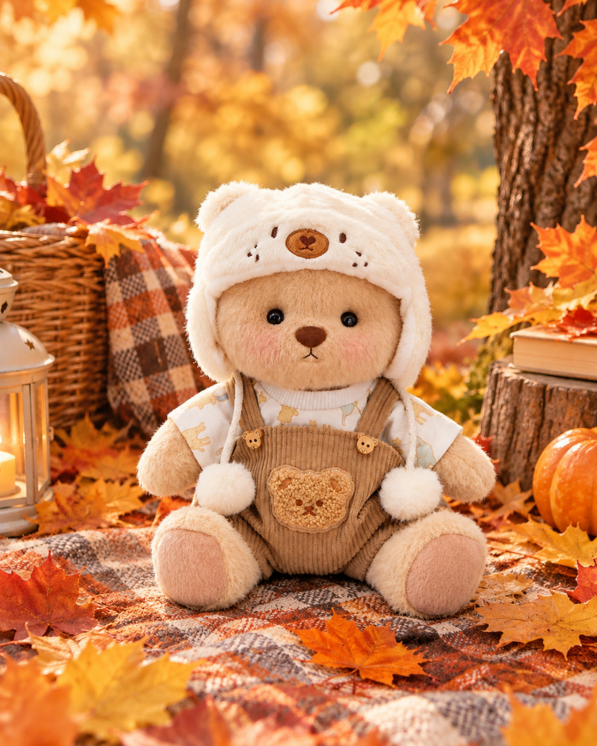 Getahug Mink Hat Brown Overalls Jointed Teddy Bear with Heartfelt Greeting Card Gift Bundle