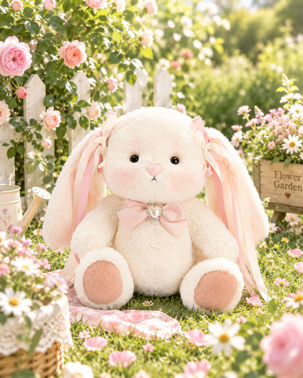 Getahug Bunny With Pink Ribbon & Pearl Necklace | Handmade Jointed Bunny Plush Gift