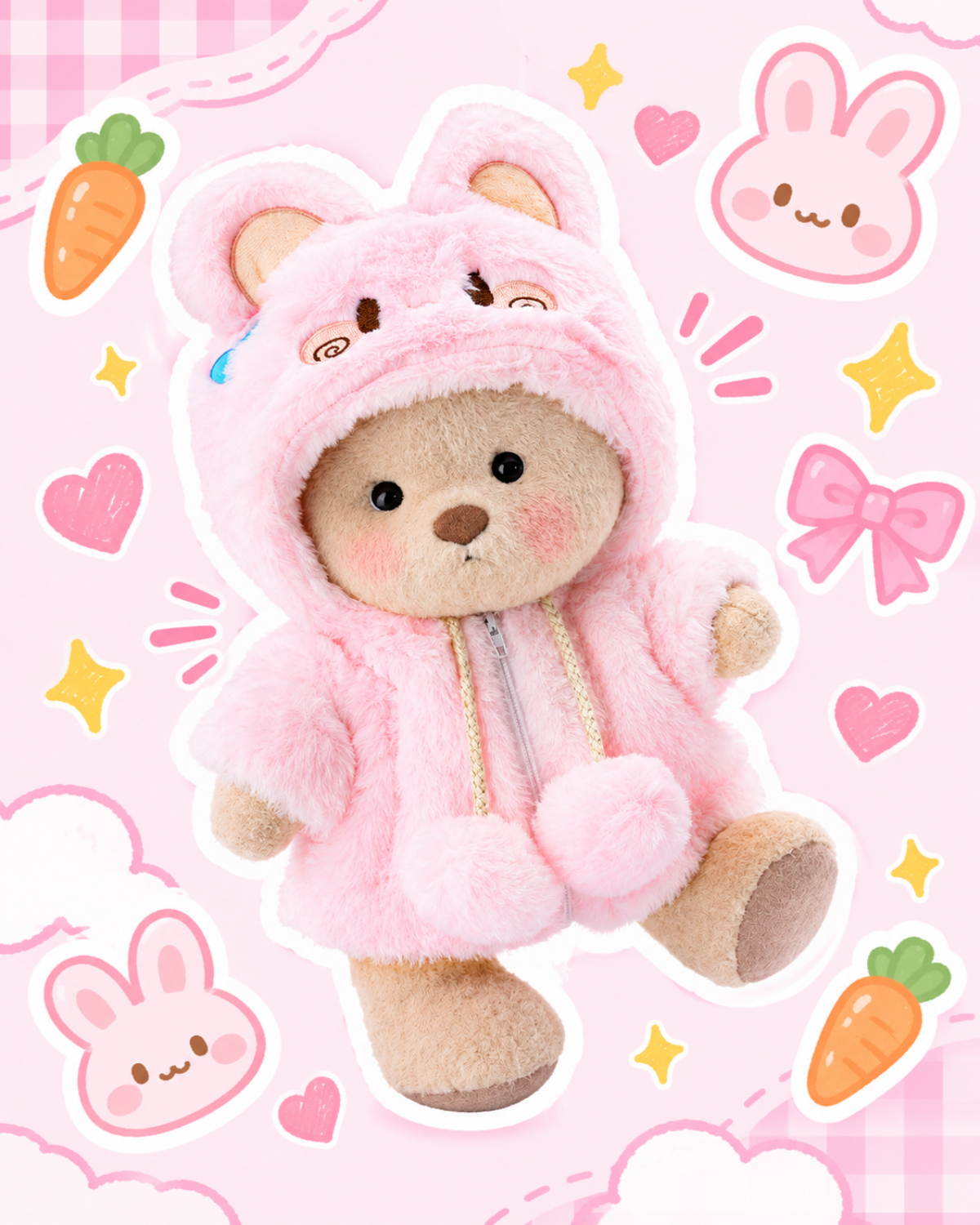 Getahug Fluffy Pink Bunny Bear | Handmade Jointed Teddy Bear Gift
