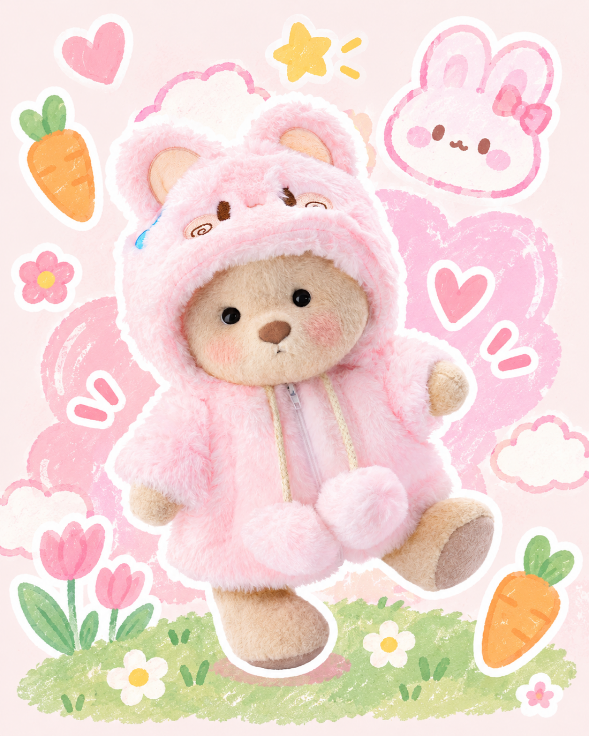 Getahug Fluffy Pink Bunny Bear | Handmade Jointed Teddy Bear Gift