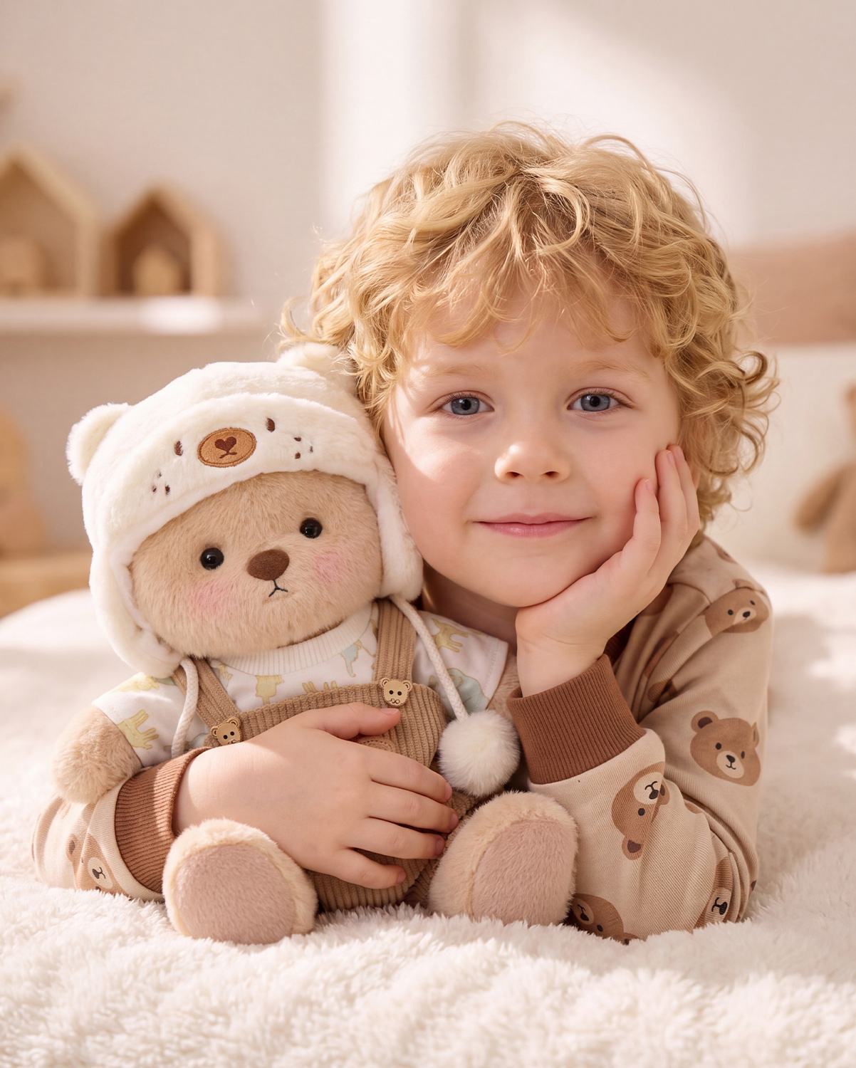 Getahug White Mink Hat Brown Overalls Bear | Handmade Jointed Teddy Bear Gift