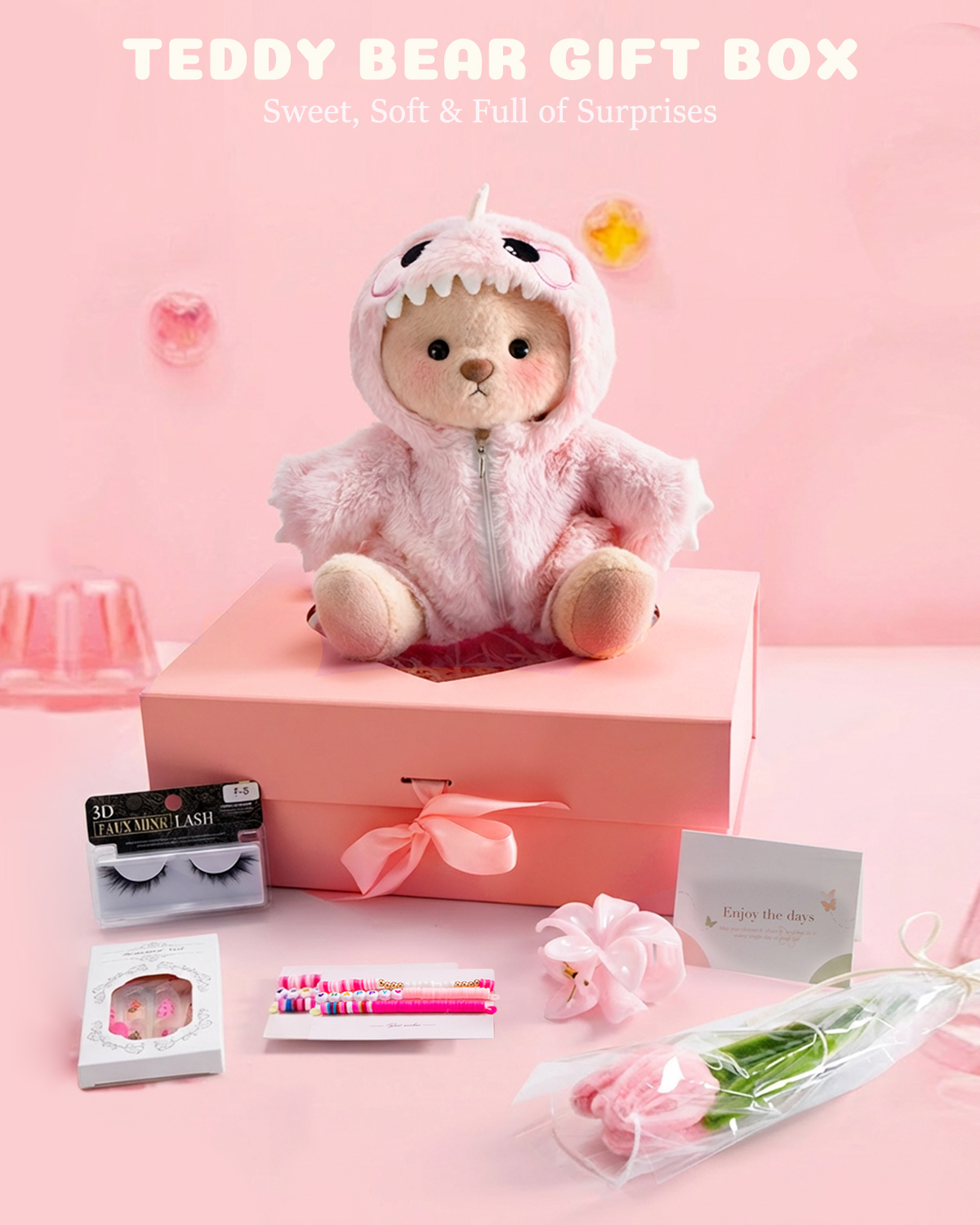 Getahug Pink Girly Teddy Bear Gift Box | Handmade Jointed Stuffed Animal Gift for Girls