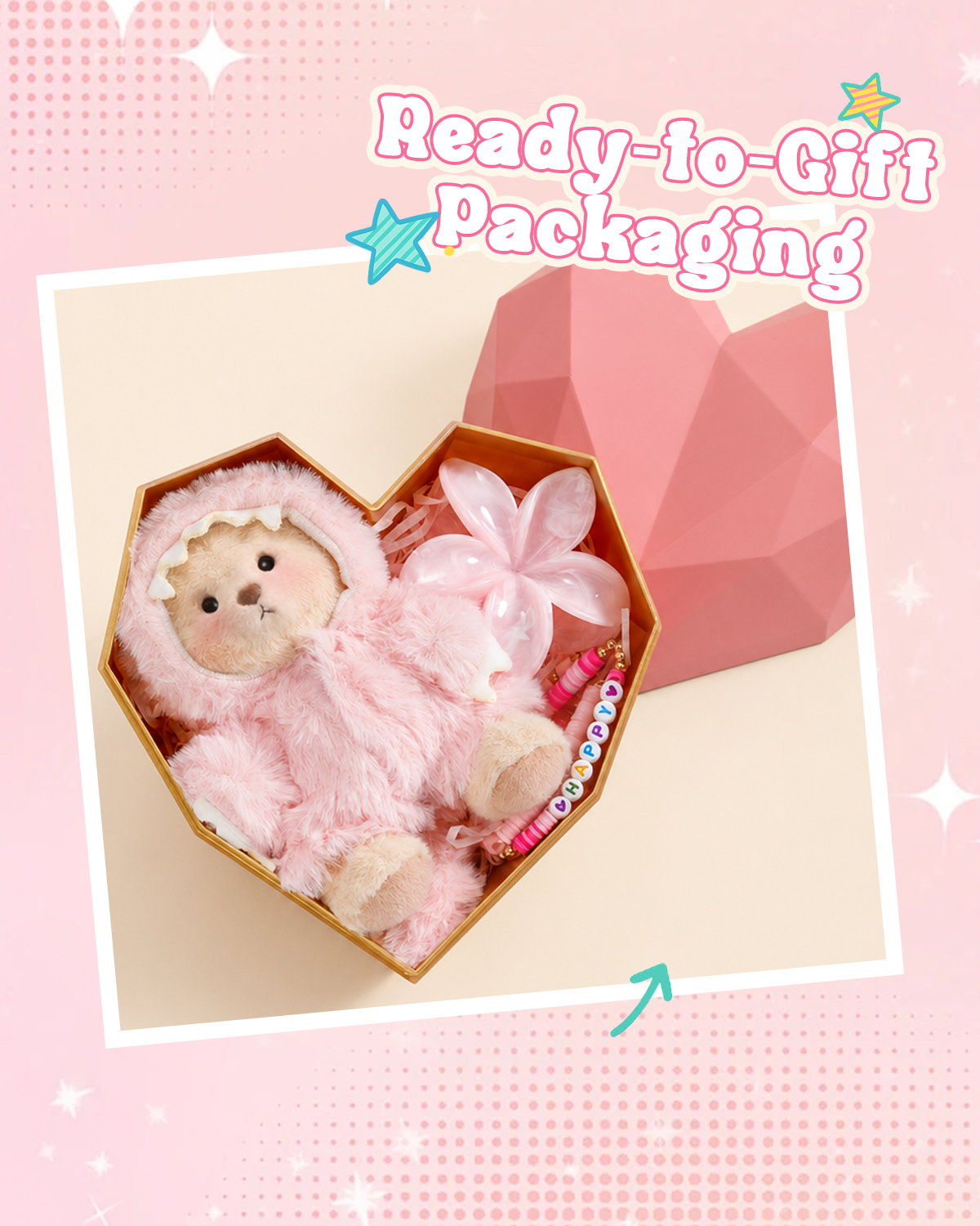 Getahug Pink Dino Teddy Bear Keychain Gift Box | Handmade Jointed Stuffed Animal Gift for Girls