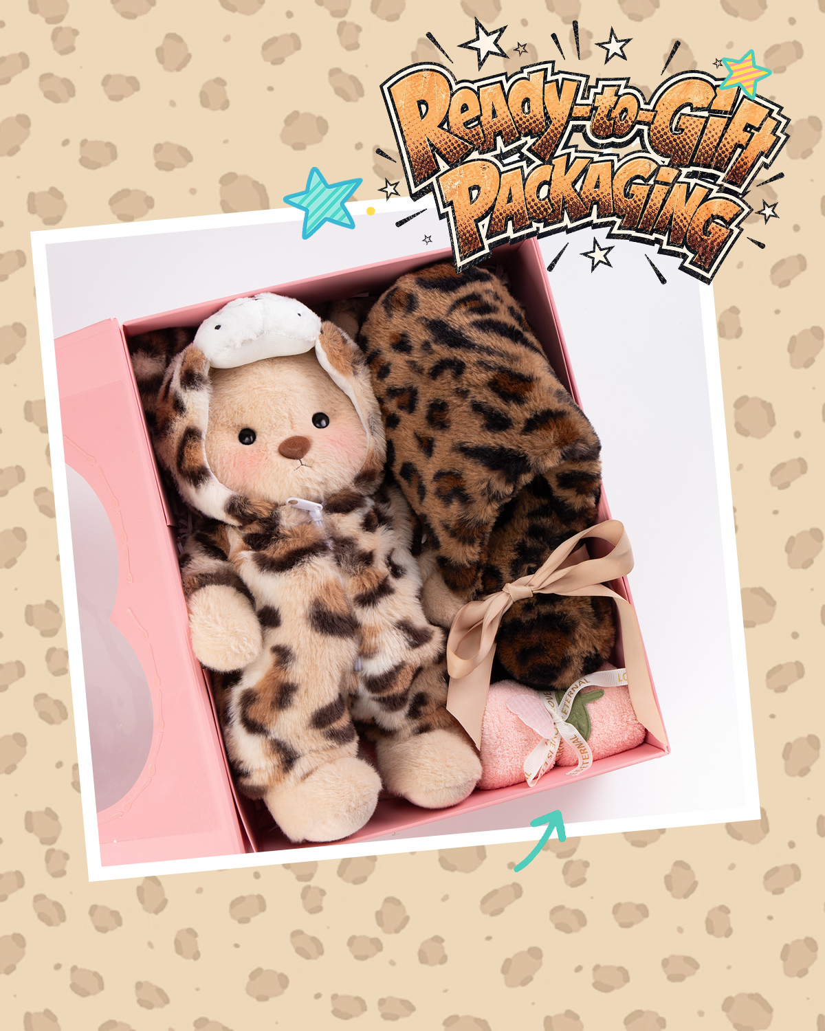Getahug Leopard Cuddle Teddy Bear Gift Box | Handmade Jointed Stuffed Animal Birthday Anniversary Gift