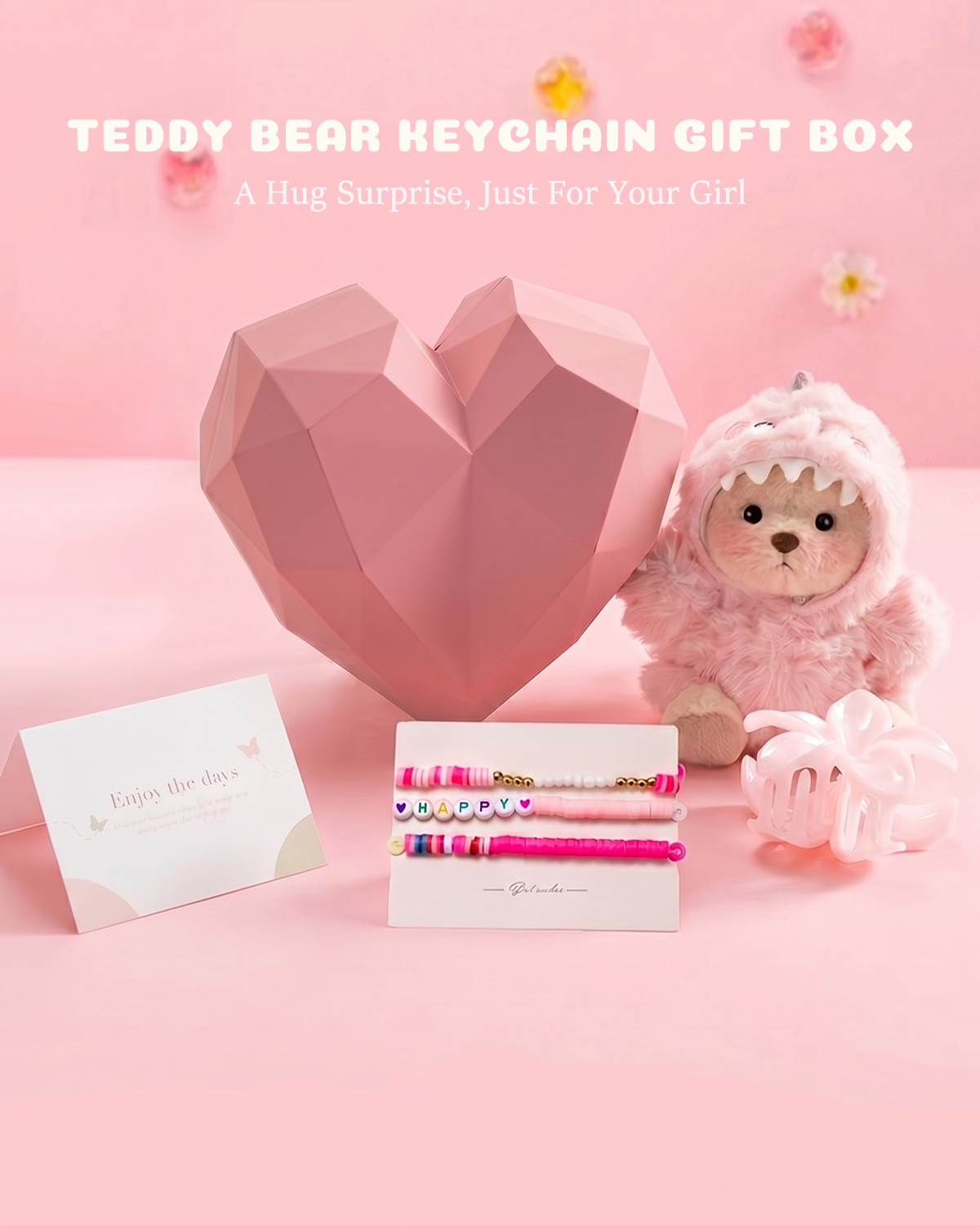 Getahug Pink Dino Teddy Bear Keychain Gift Box | Handmade Jointed Stuffed Animal Gift for Girls