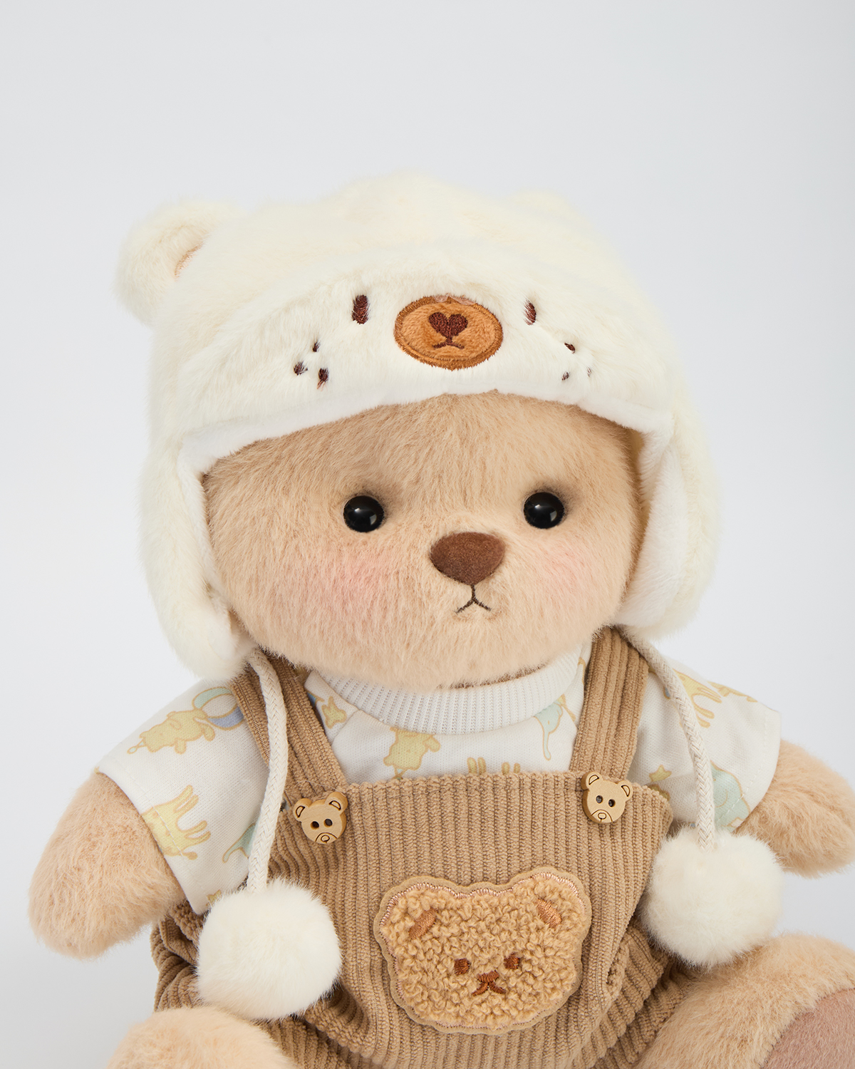 Getahug White Mink Hat Brown Overalls Bear | Handmade Jointed Teddy Be
