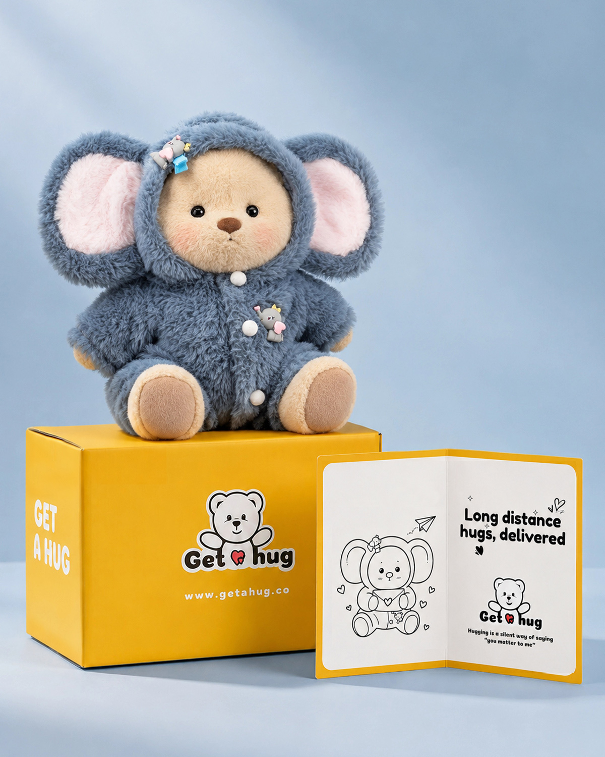 Getahug Fluffy Little Elephant Jointed Teddy Bear with Heartfelt Greeting Card Gift Bundle