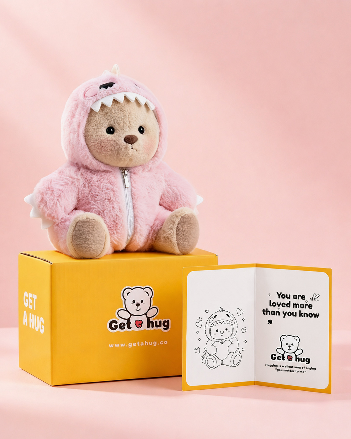 Getahug Furry Pink Dino Jointed Teddy Bear with Heartfelt Greeting Card Gift Bundle