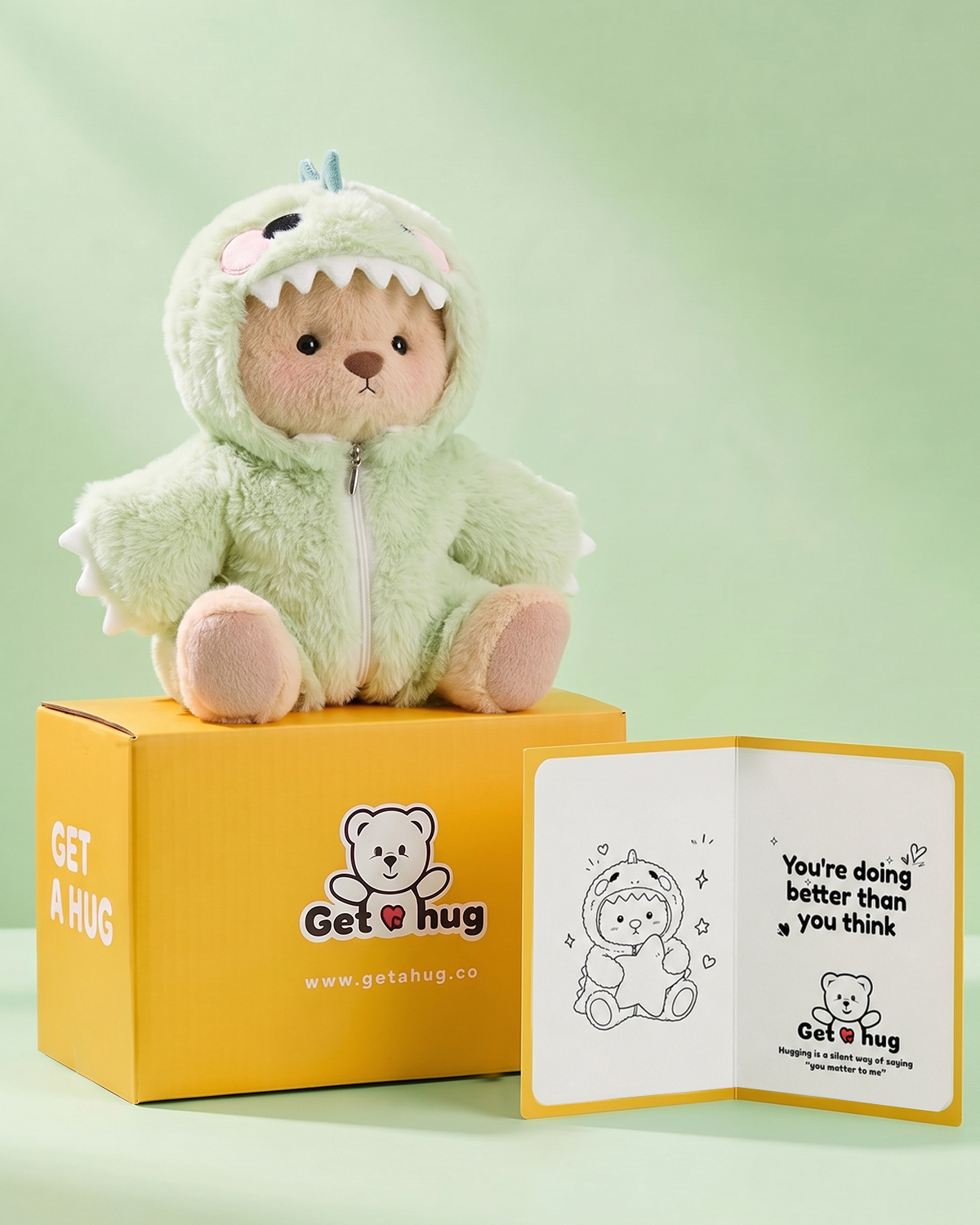 Getahug Furry Green Dino Jointed Teddy Bear with Heartfelt Greeting Card Gift Bundle