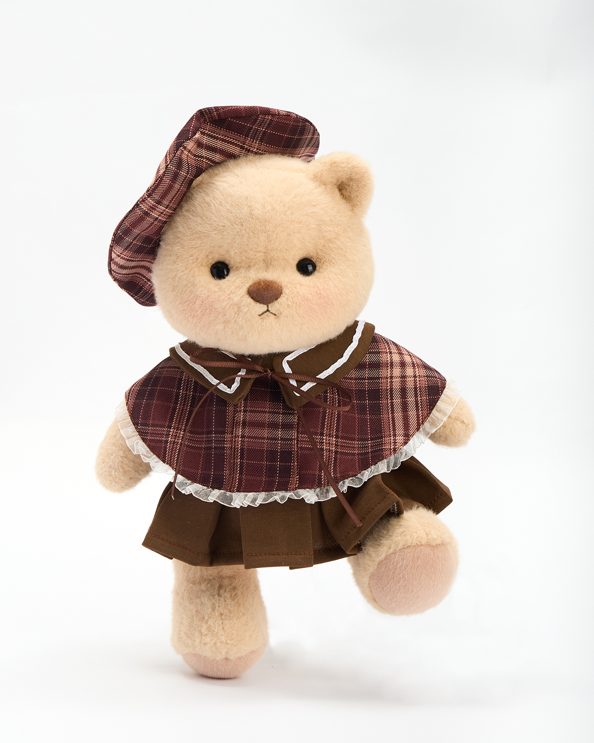 Getahug Retro Red and Brown Plaid Skirt Bear | Handmade Jointed Stuffed Animal Gift