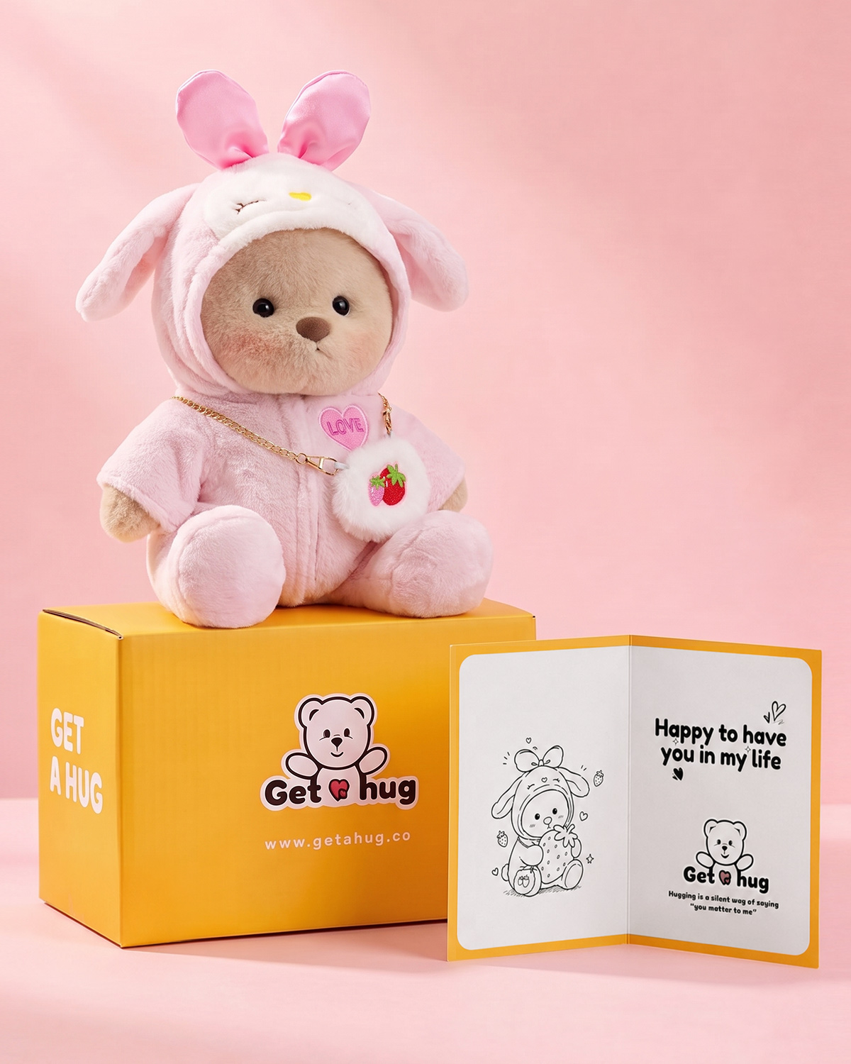 Getahug Love Strawberry Jointed Teddy Bear with Heartfelt Greeting Card Gift Bundle