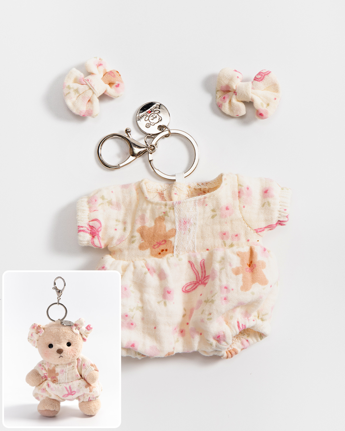 Getahug Pink Floral Lace Romper Mini Bear Keychain | 5.9 Inches Plush Bag Charm Stuffed Animal Gift