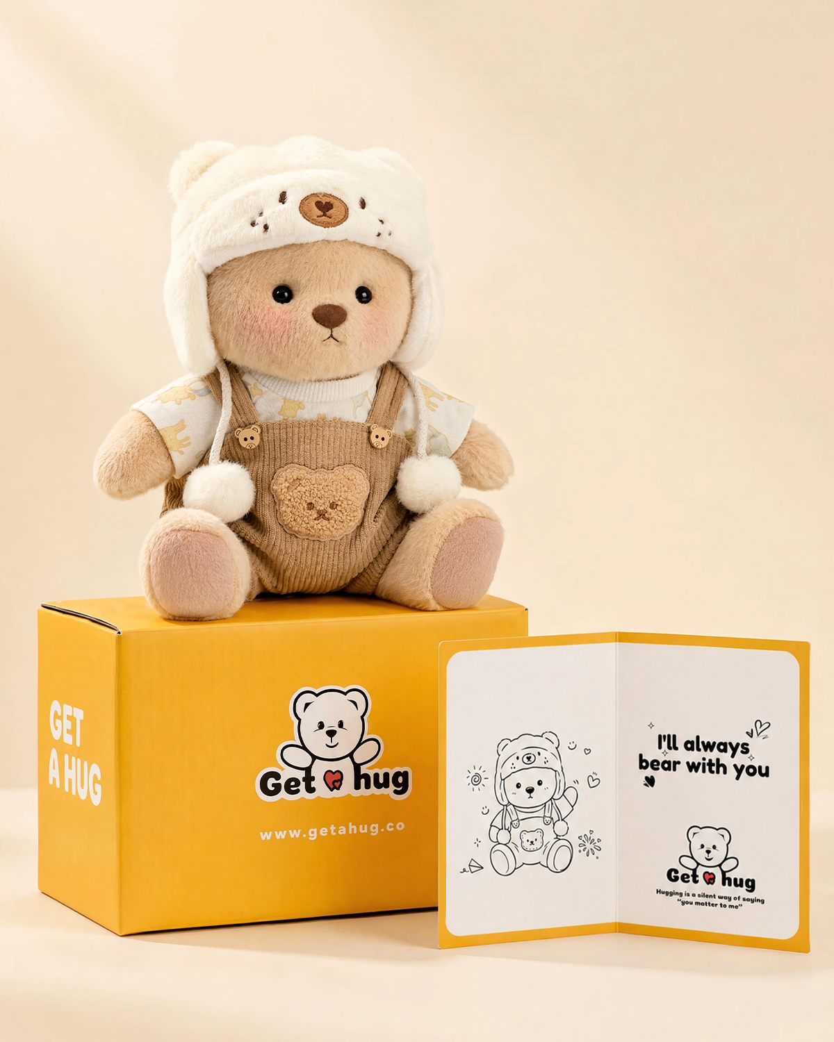 Getahug Mink Hat Brown Overalls Jointed Teddy Bear with Heartfelt Greeting Card Gift Bundle