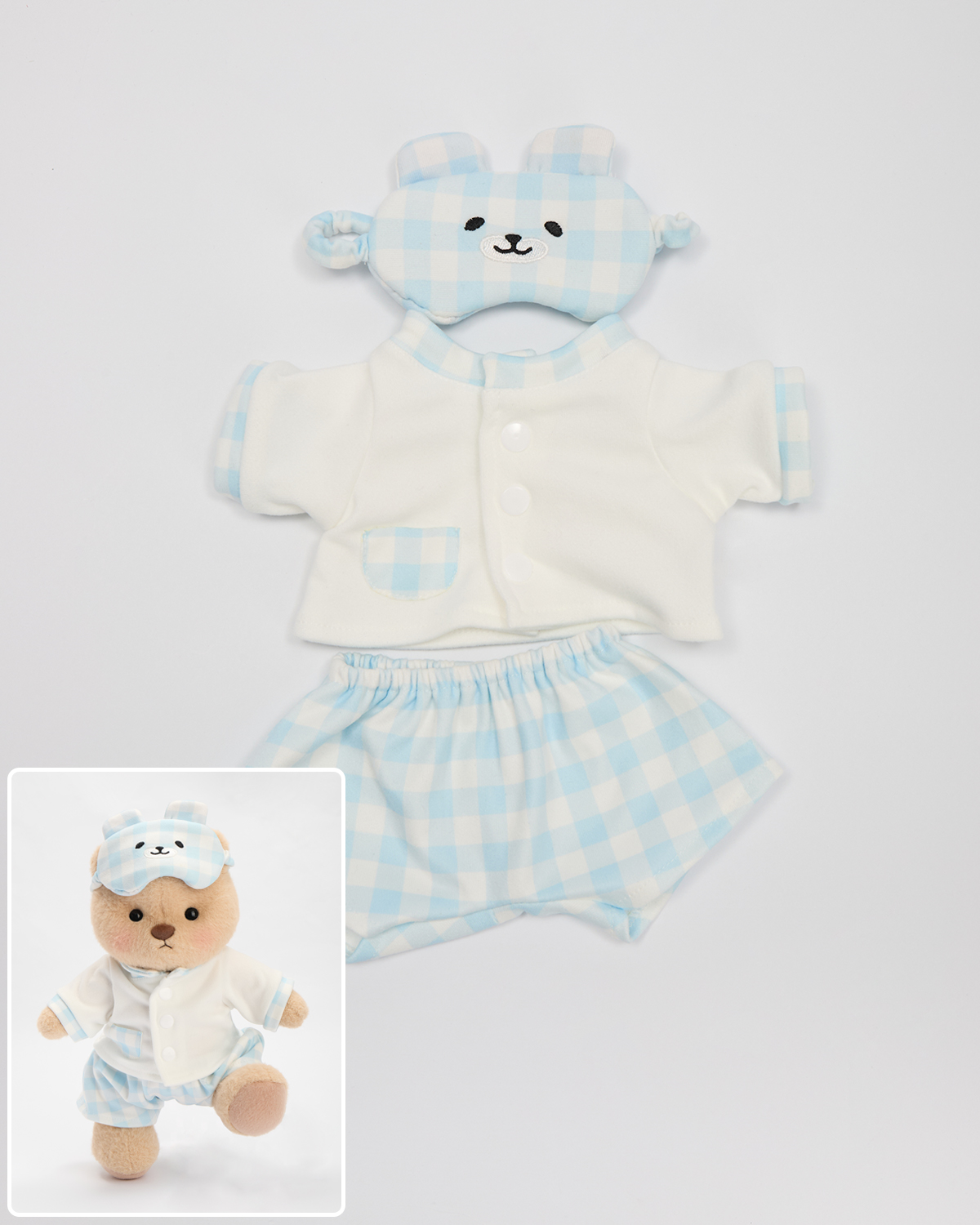 Blue and White Plaid Pajamas with Eye Mask (Outfit Only) | 12 Inches Stuffed Animal Clothes