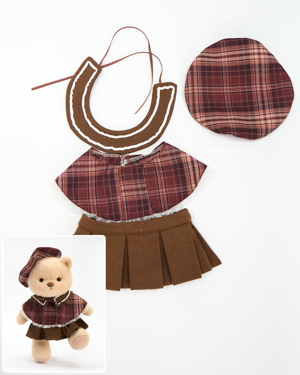 Retro Red and Brown Plaid Skirt Set (Outfit Only) | 12 Inches Stuffed Animal Clothes
