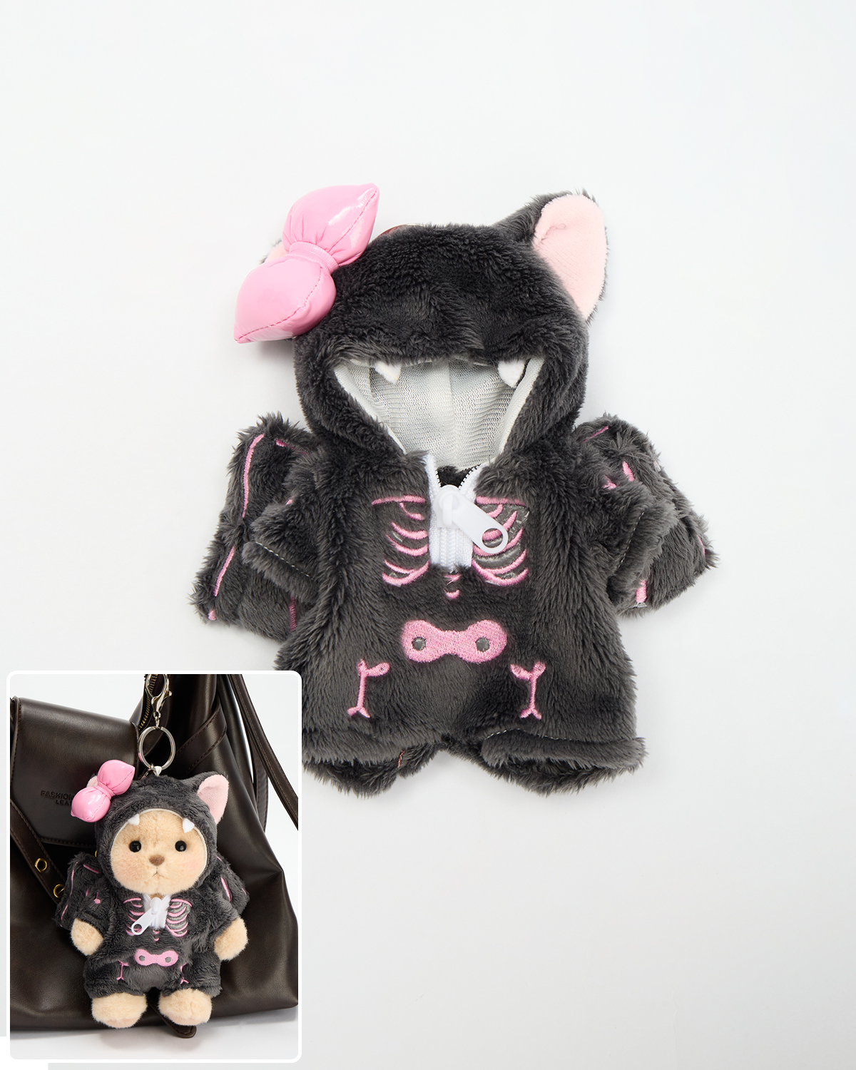 Halloween Pink Skeleton Bat Bag Charm Keychains (Outfit Only) | 5.9 Inches Mini Teddy Bear Clothes