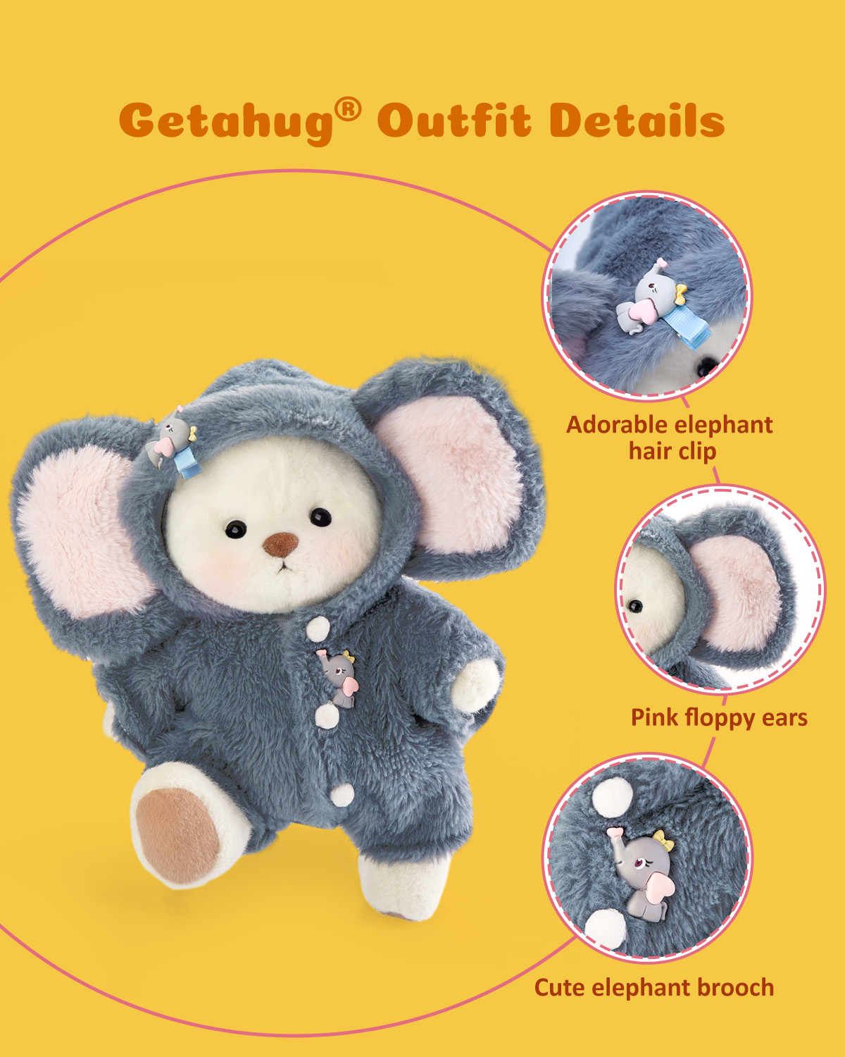 Getahug Fluffy Little Elephant White Teddy Bear | Handmade Stuffed Animal Gift