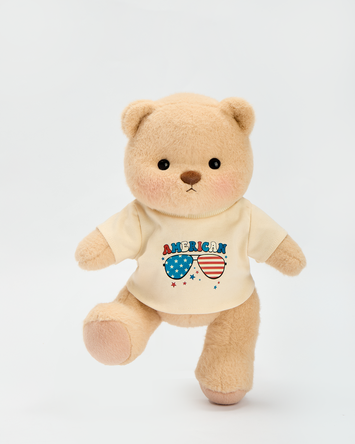 Getahug Beige T-shirt with Glasses Print Bear | Handmade Jointed Stuffed Animal Gift