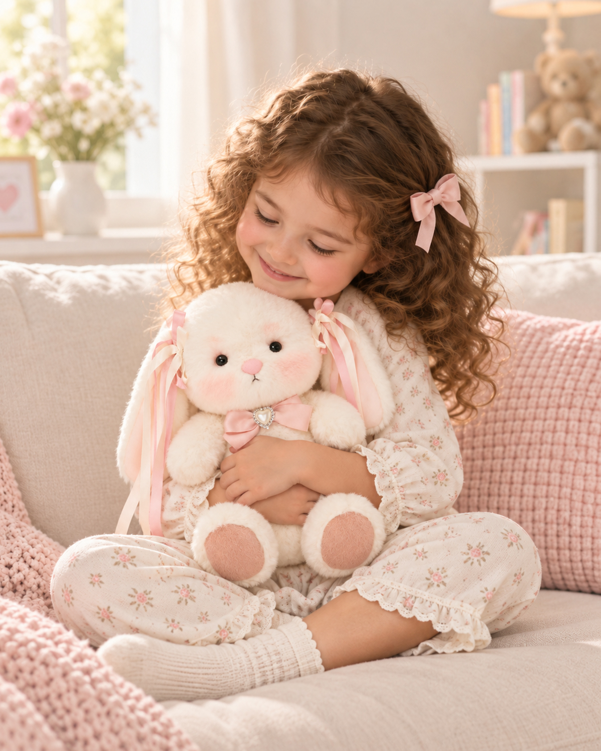 Getahug Rosie The White Jointed Bunny Plush With Pink Ribbon & Pearl Necklace | Handmade Stuffed Animal Gift
