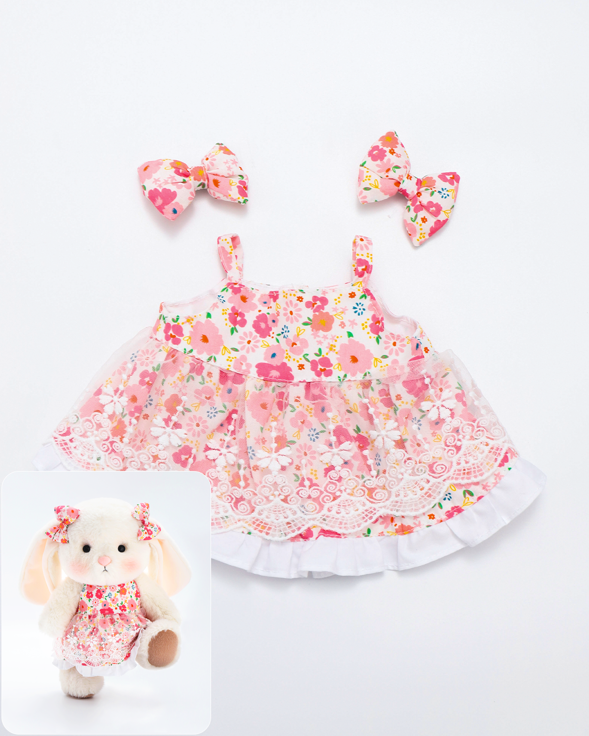 Getahug Pink Floral Lace Dress Bunny | Handmade Jointed Stuffed Animal Gift