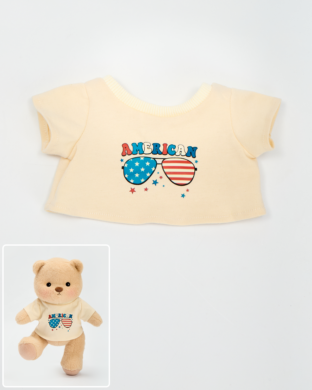 Getahug Beige T-shirt with Glasses Print Bear | Handmade Jointed Stuffed Animal Gift