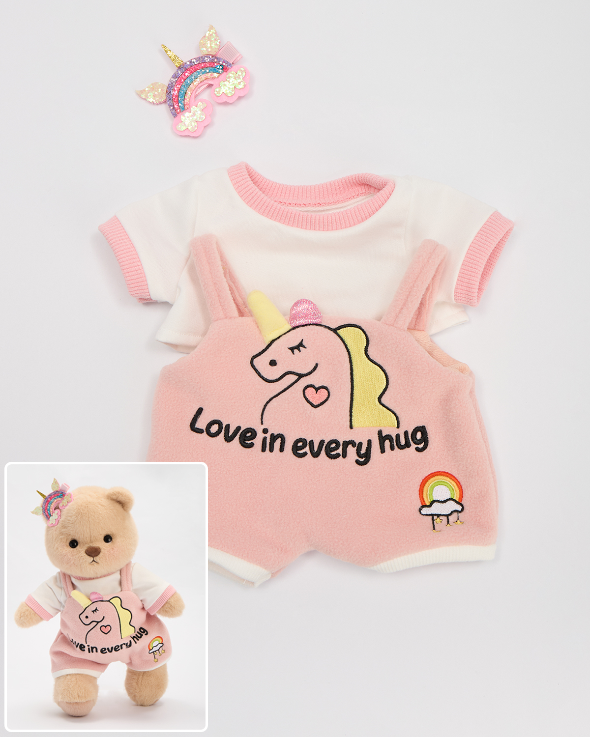 Pink Unicorn Overalls Set (Outfit Only) | 12 Inches Stuffed Animal Clothes