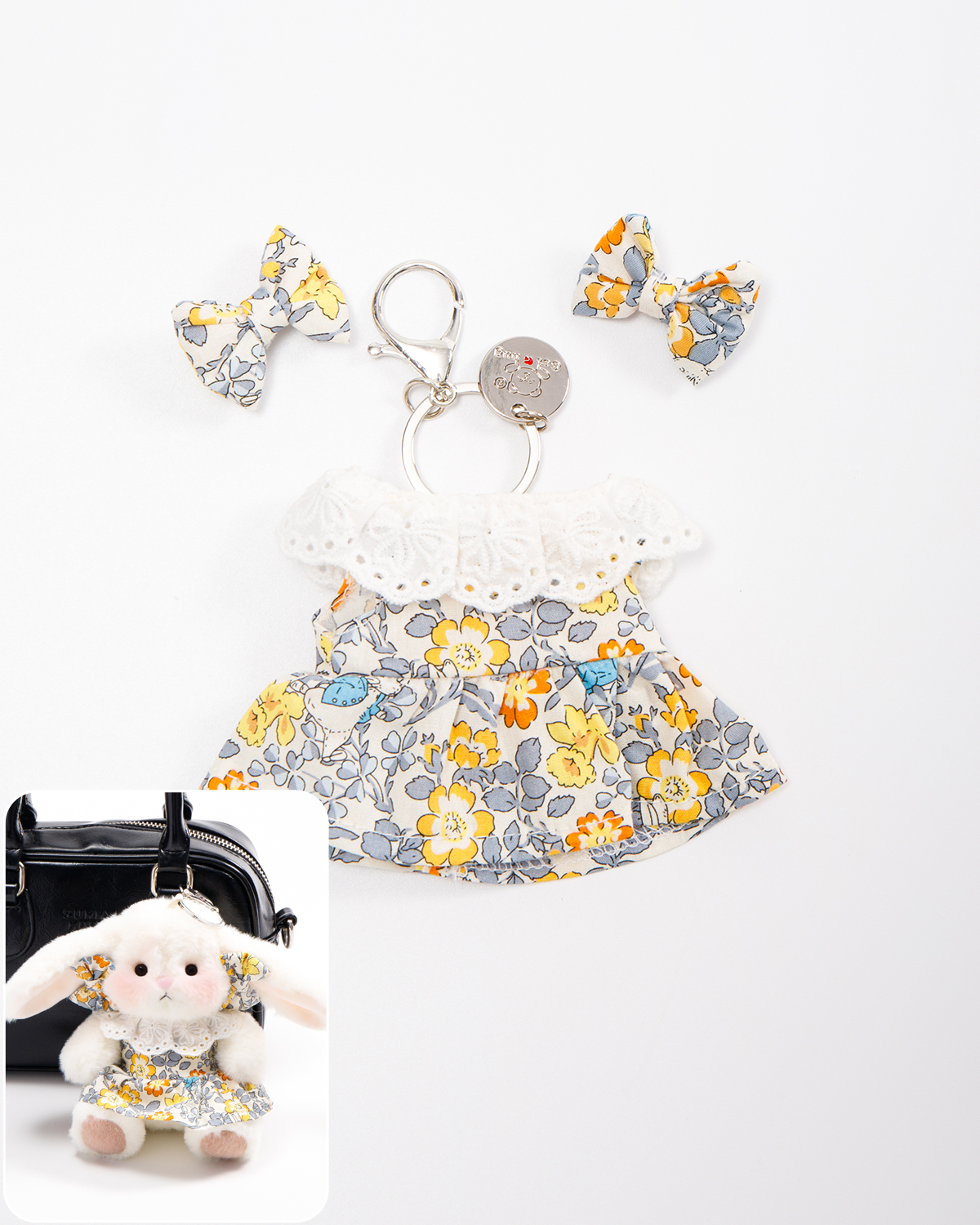 Getahug Sunny Floral Dress Mini Bunny Bag Charm | 5.9 Inches Soft Plush Keychains Gift