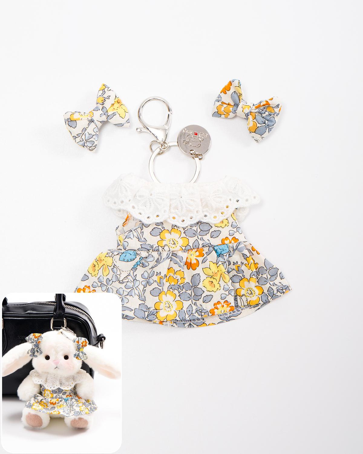 Getahug Sunny Floral Dress Mini Bunny Bag Charm | 5.9 Inches Soft Plush Keychains Gift