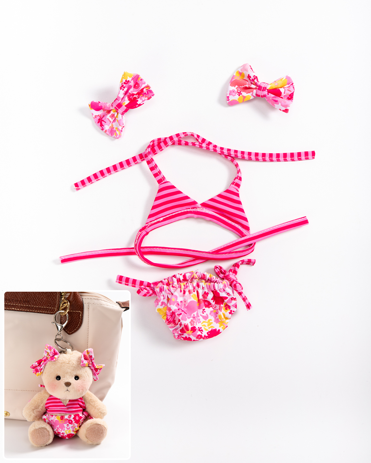 Pink Paradise Bikini Bag Charm Keychains (Outfit Only) | 5.9 Inches Mini Teddy Bear Plush Animal Clothes