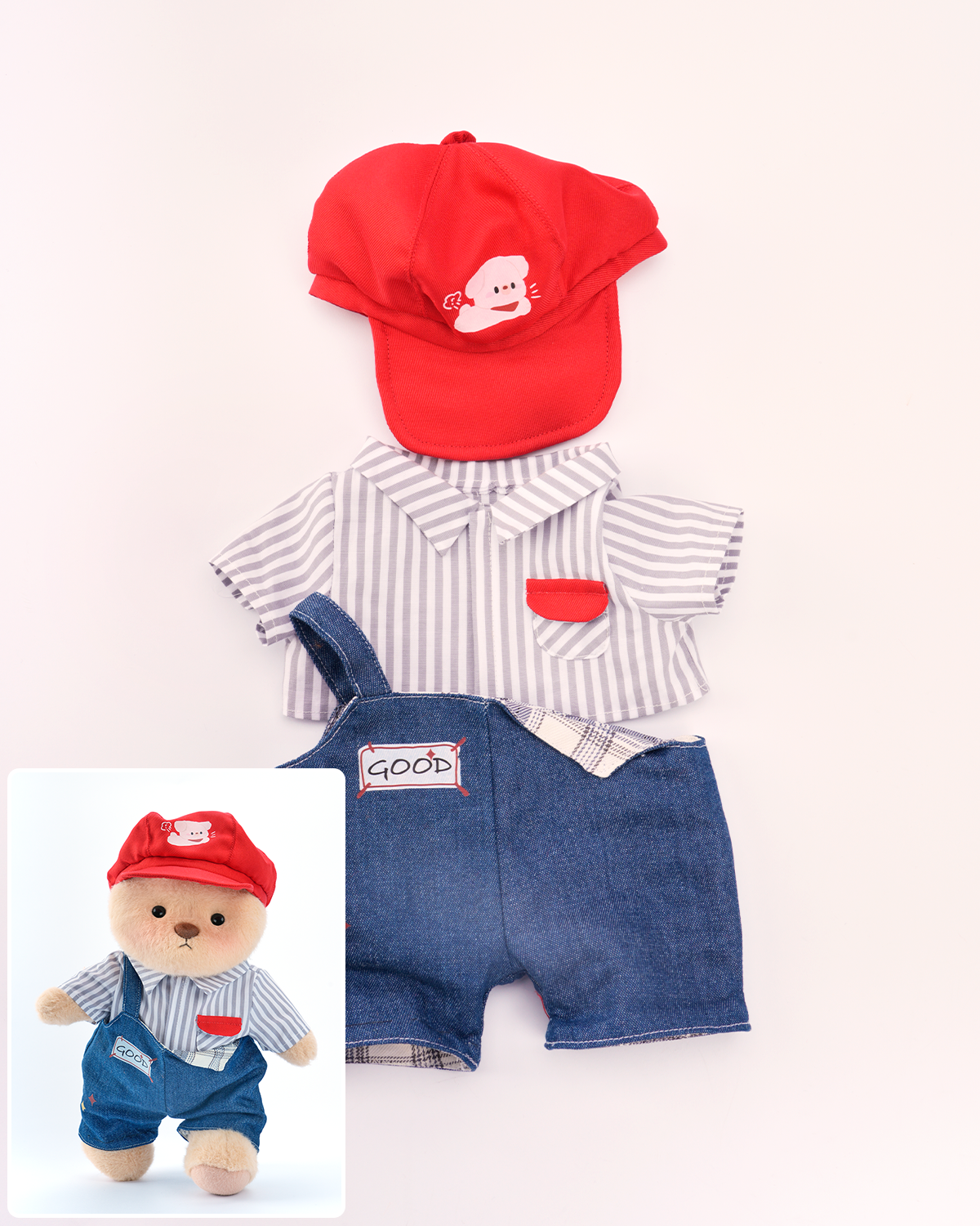 Red Puppy Hat Blue Overalls Set (Outfit Only) | Teddy Bear Clothes