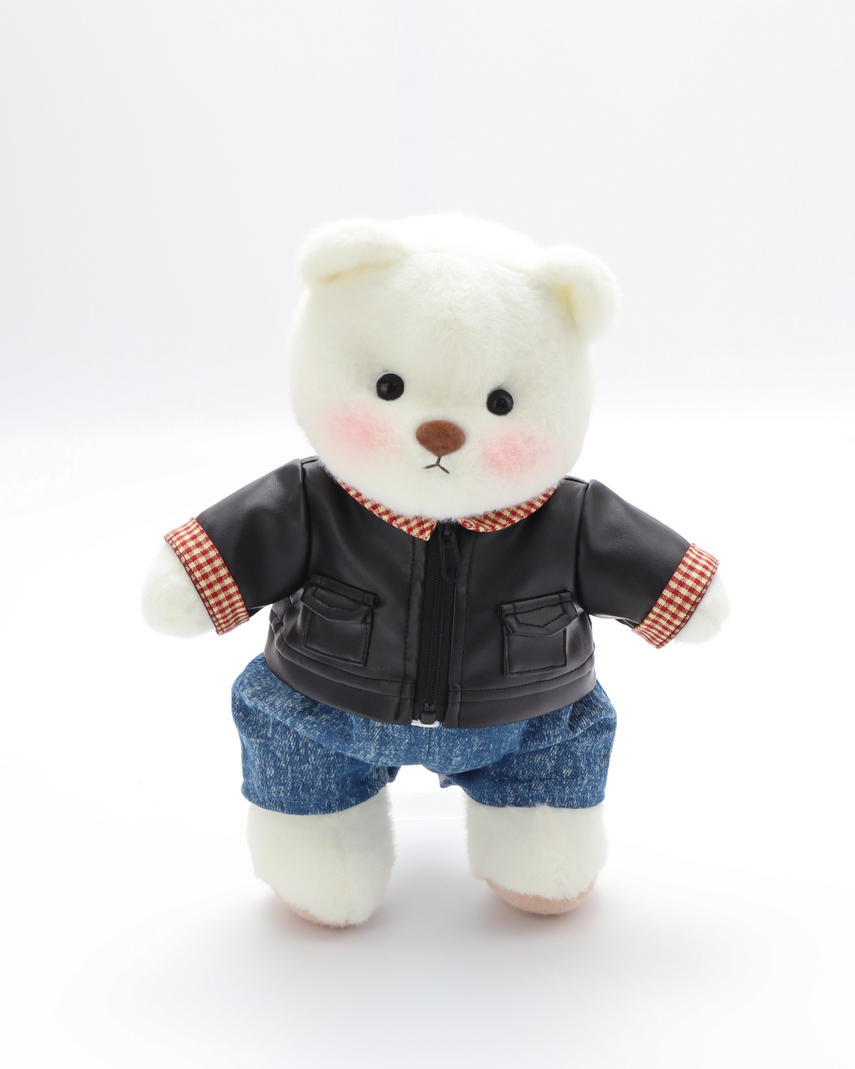 Getahug Black Leather Jacket White Teddy Bear | Handmade Jointed Stuff