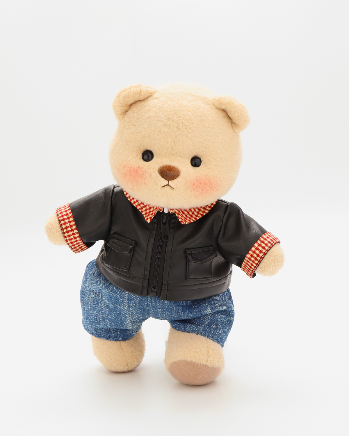 Getahug Black Leather Jacket White Teddy Bear | Handmade Jointed Stuff