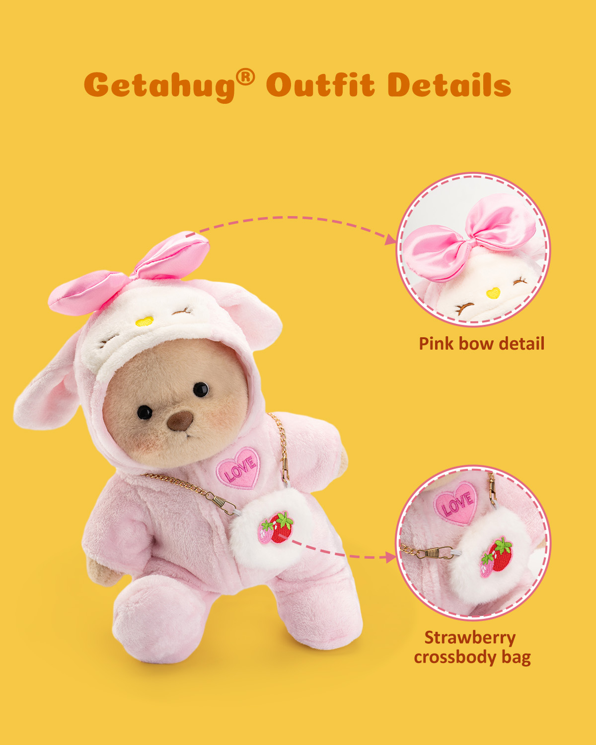 Getahug Love Strawberry White Teddy Bear | Handmade Jointed Toy Gift