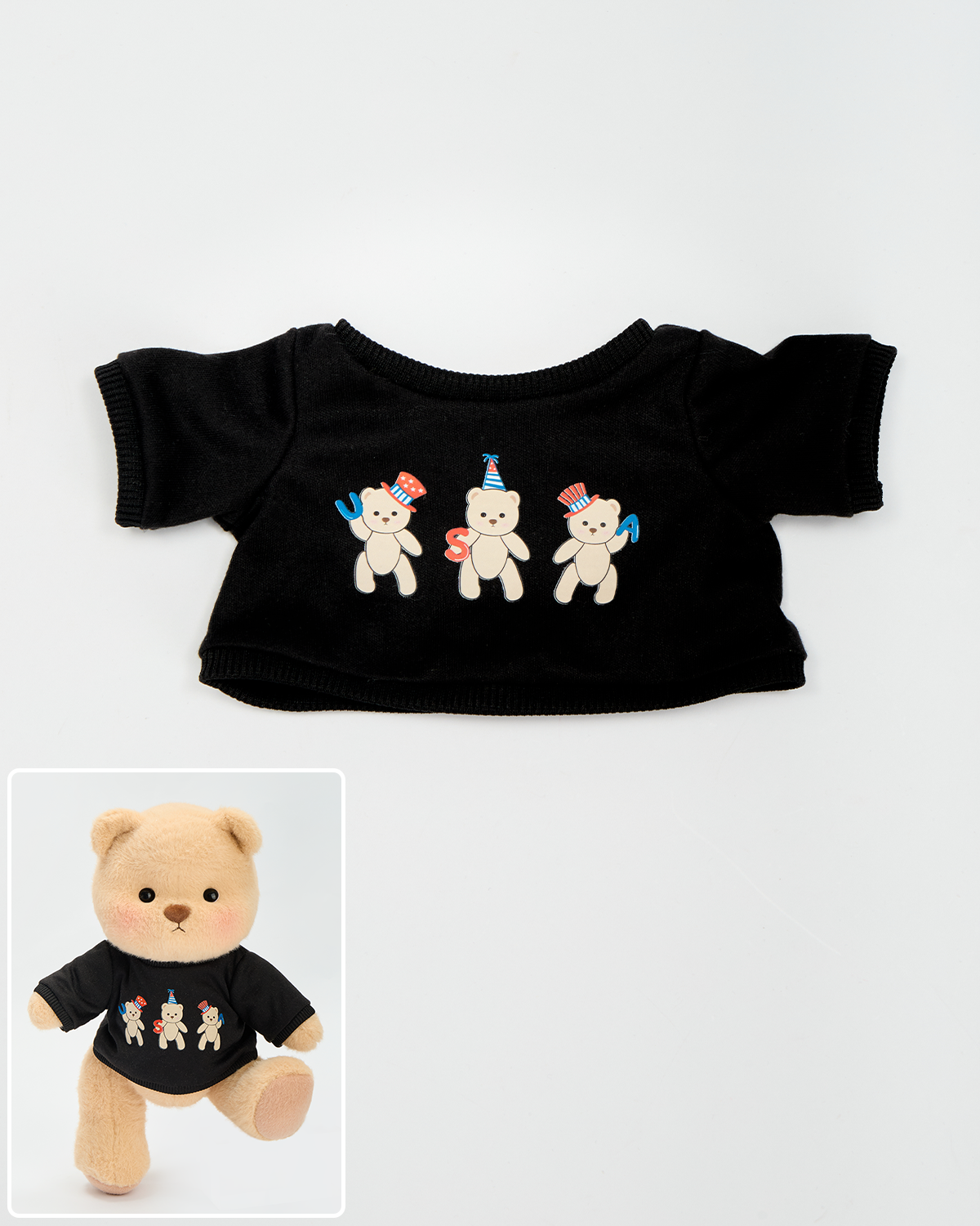Getahug Black T-shirt with USA Print Bear | Handmade Jointed Stuffed Animal Gift