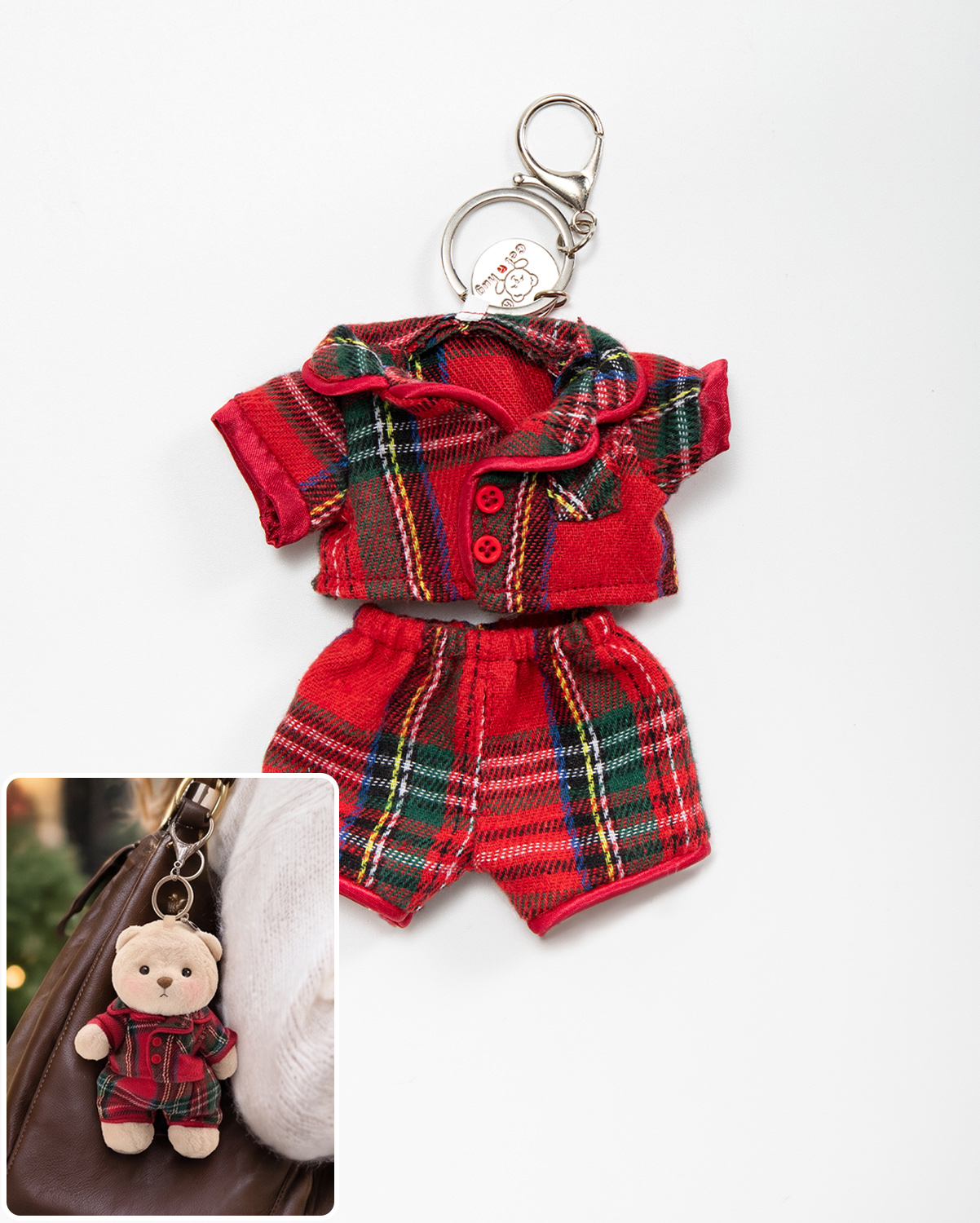 Christmas Plaid Pajamas Bag Charm Keychains (Outfit Only) | 5.9 Inches Teddy Bear Clothes